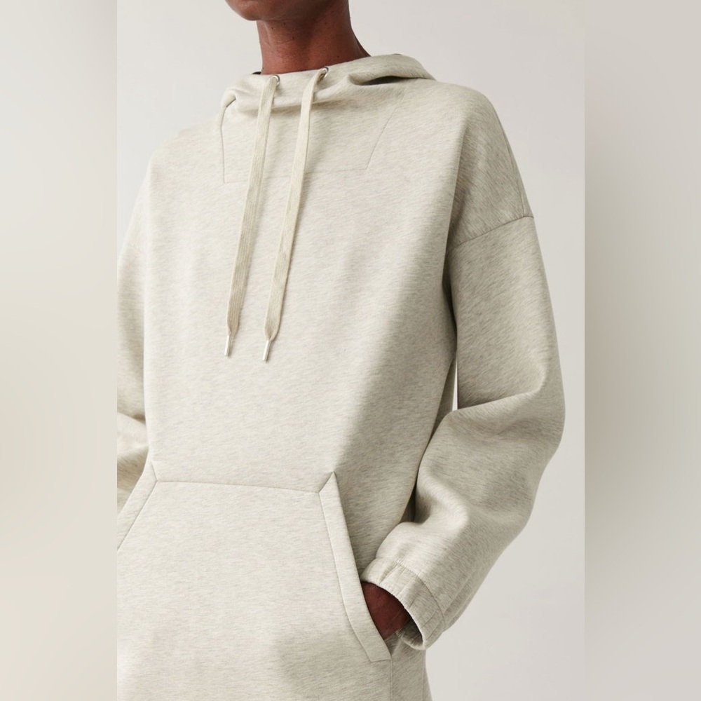 COS Scuba Hooded Dress M/L Kangaroo Pocket Grey Cream Drawstring Hood Modern - Picture 2 of 12